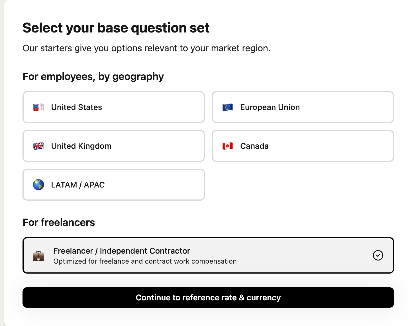 Freelancer model starter selection in the Salary Confidential poll configurator