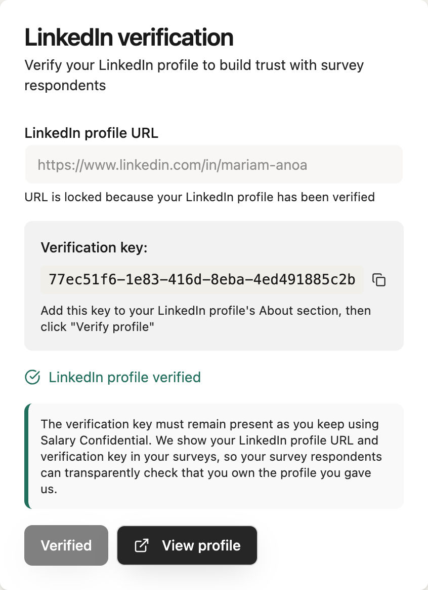 Salary Confidential LinkedIn verification screen