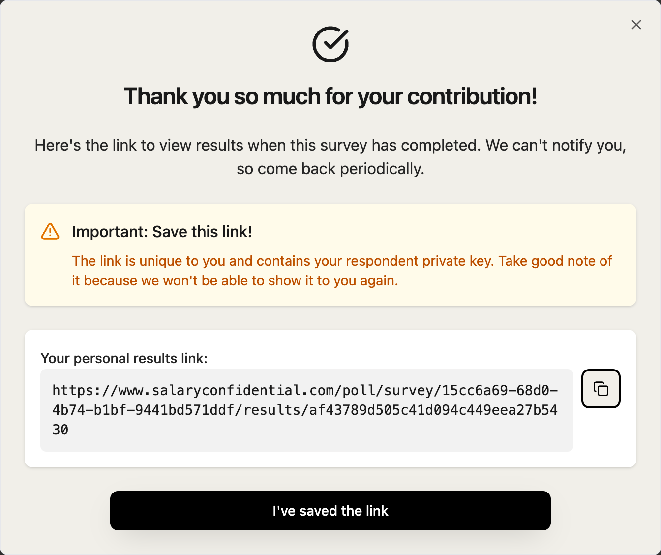 Respondent submission confirmation modal showing their private results report link
