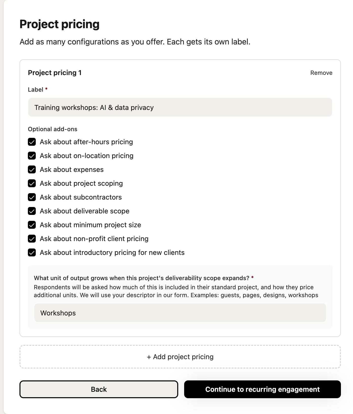 Project pricing configuration in the Salary Confidential poll configurator